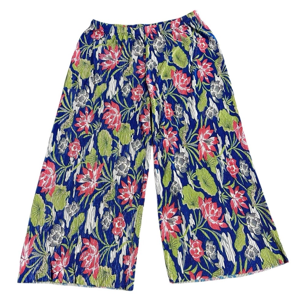 Joan Rivers Accordion Pleat Palazzo Pants‎ Floral Navy Coral Large Resortwear